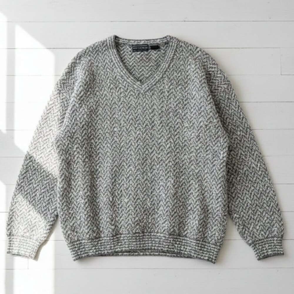 Leo Chevalier Oversized Chevron Knit V-Neck Sweater Grey White Marl Pullover 2XL